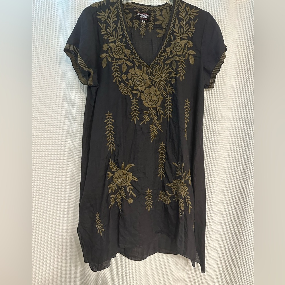 Johnny Was Black Tunic with Hunter Green Floral Embroidery